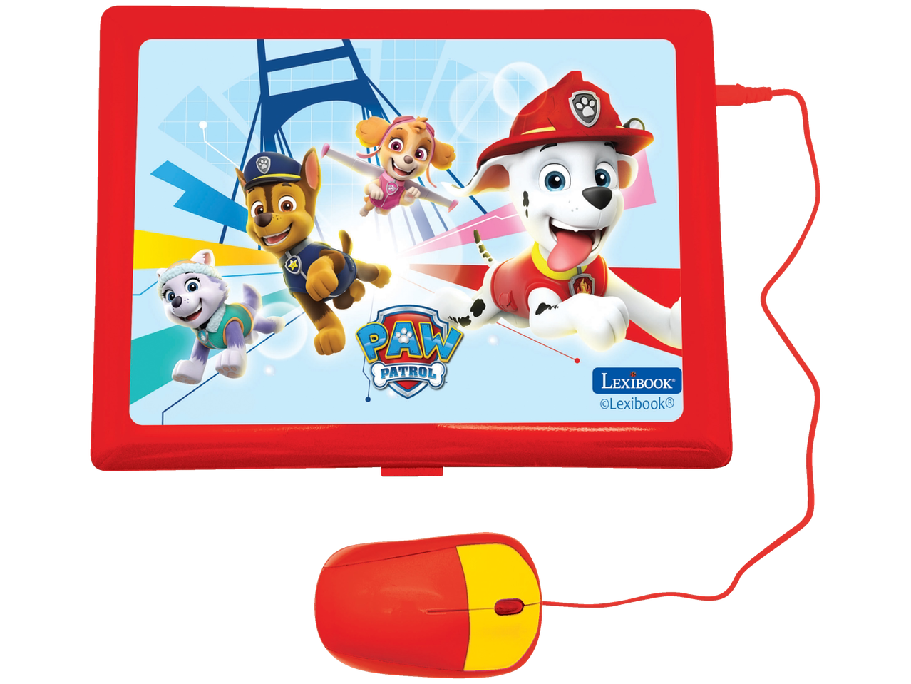 Ένας κόκκινος φορητός υπολογιστής Lexibook Paw Patrol για παιδιά με αντίστοιχο ποντίκι.