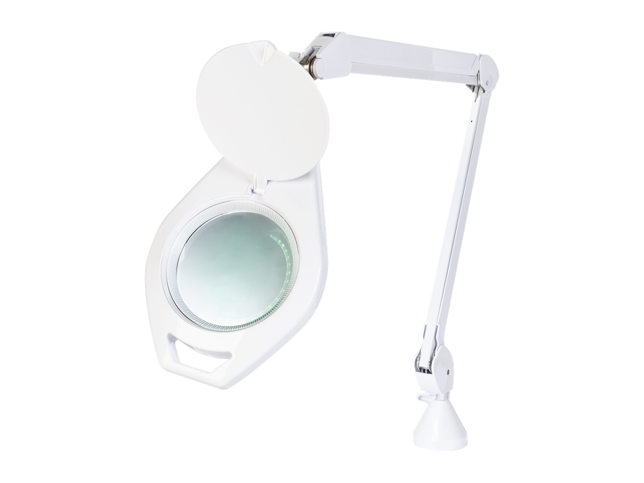 Bela CRELANDO® LED lupa lampa sa zglobnom rukom na crnoj pozadini.