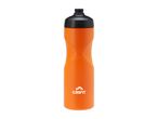 Orange sports bottle with a black cap and an hourglass-shaped design.