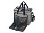 Yarn tote bag with compartments and accessories for knitting and crochet.
