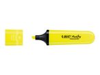 Yellow highlighter with its cap off, showing the chisel tip.