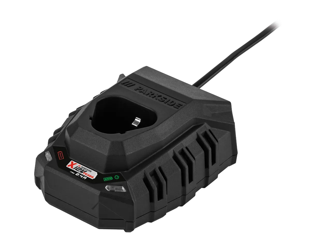 A black Parkside X12V Team battery charger with a power cord.