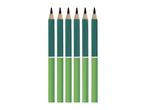Six green pencils with sharpened black tips, arranged vertically on a white background.