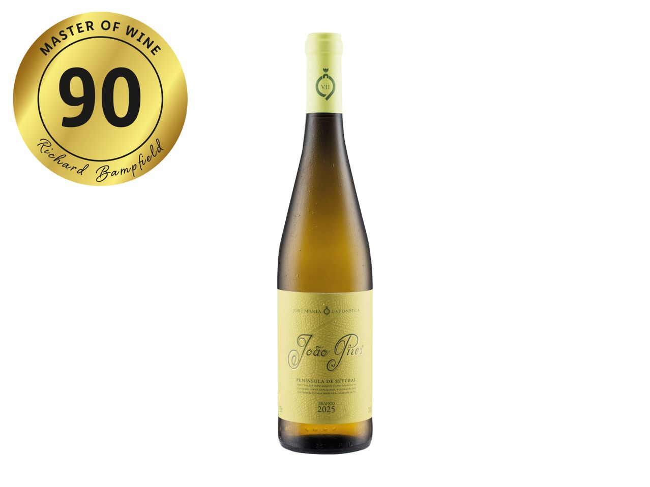 White wine bottle with a 90-point Master of Wine rating by Richard Bampfield.