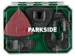 Conjunto de acessórios PARKSIDE para multiferramenta com lâminas de serra, lixa e raspadores numa caixa.