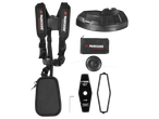 Harness, protective cover, tool bag, trimmer line spool, metal blade, and wrench for a garden tool.