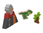 Wooden volcano, dinosaur, and tree toys.