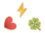 Three decorative stickers: a yellow lightning bolt, a red heart, and a green four-leaf clover.