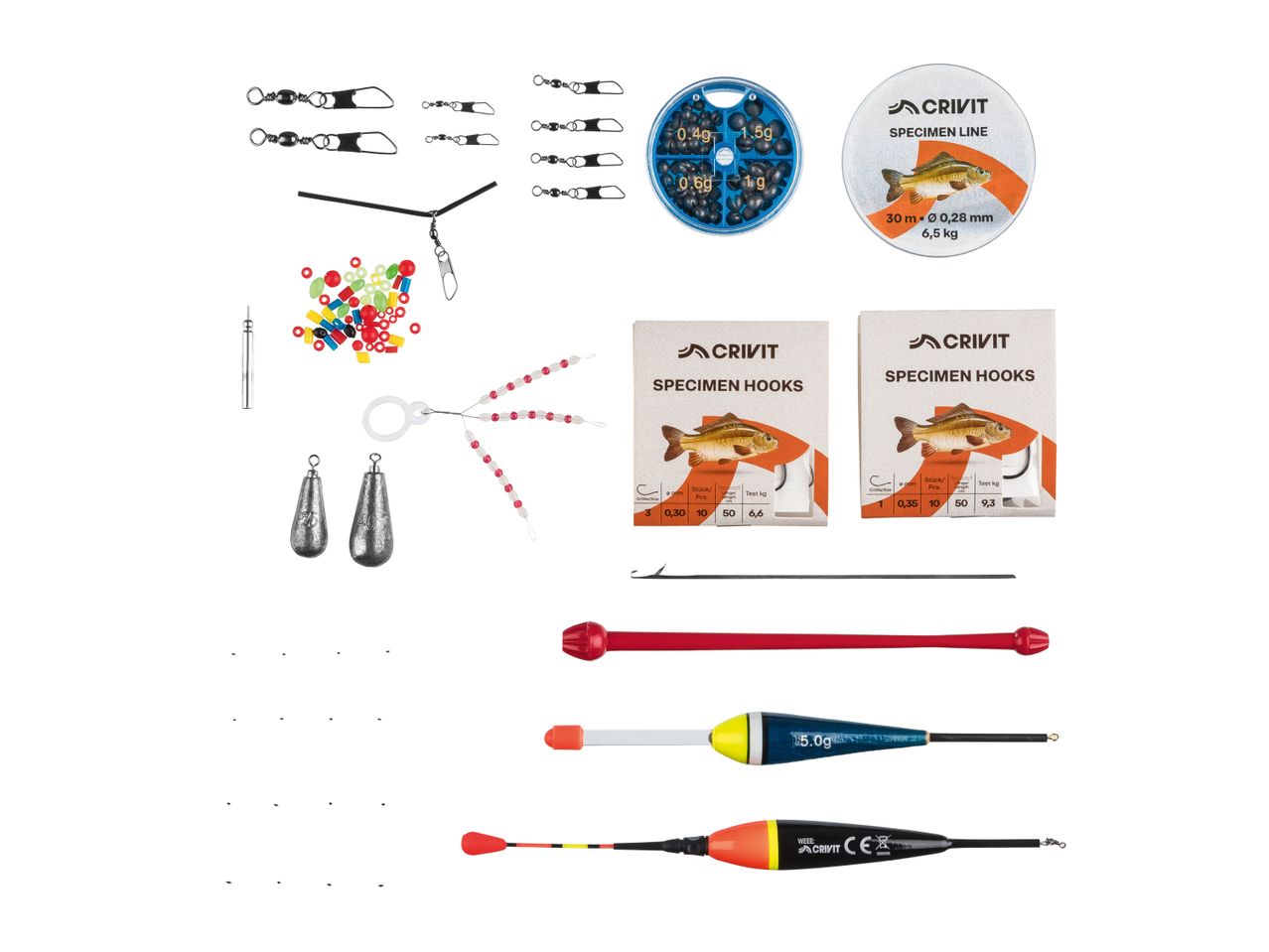 A collection of fishing tackle including hooks, lines, weights, floats, and various small accessories.