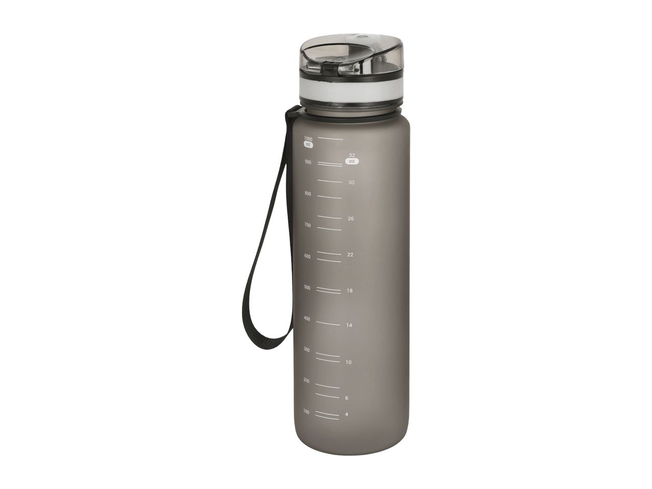Grey water bottle with a clear lid, black strap, and volume markings in ml and oz.