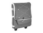 Grey shopping trolley with wheels and elastic cord on the front, standing upright.