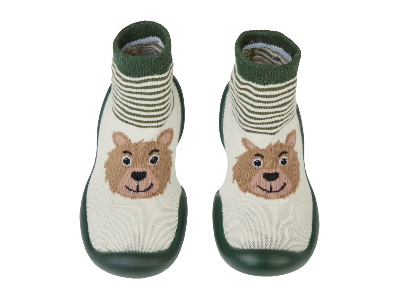 Pair of baby socks with a bear face design and green stripes.
