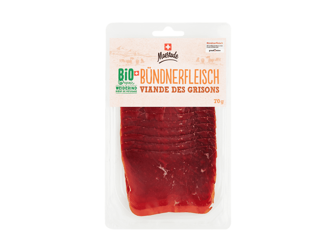 Maestade Bio-Bündnerfleisch in einer 70g-Packung.