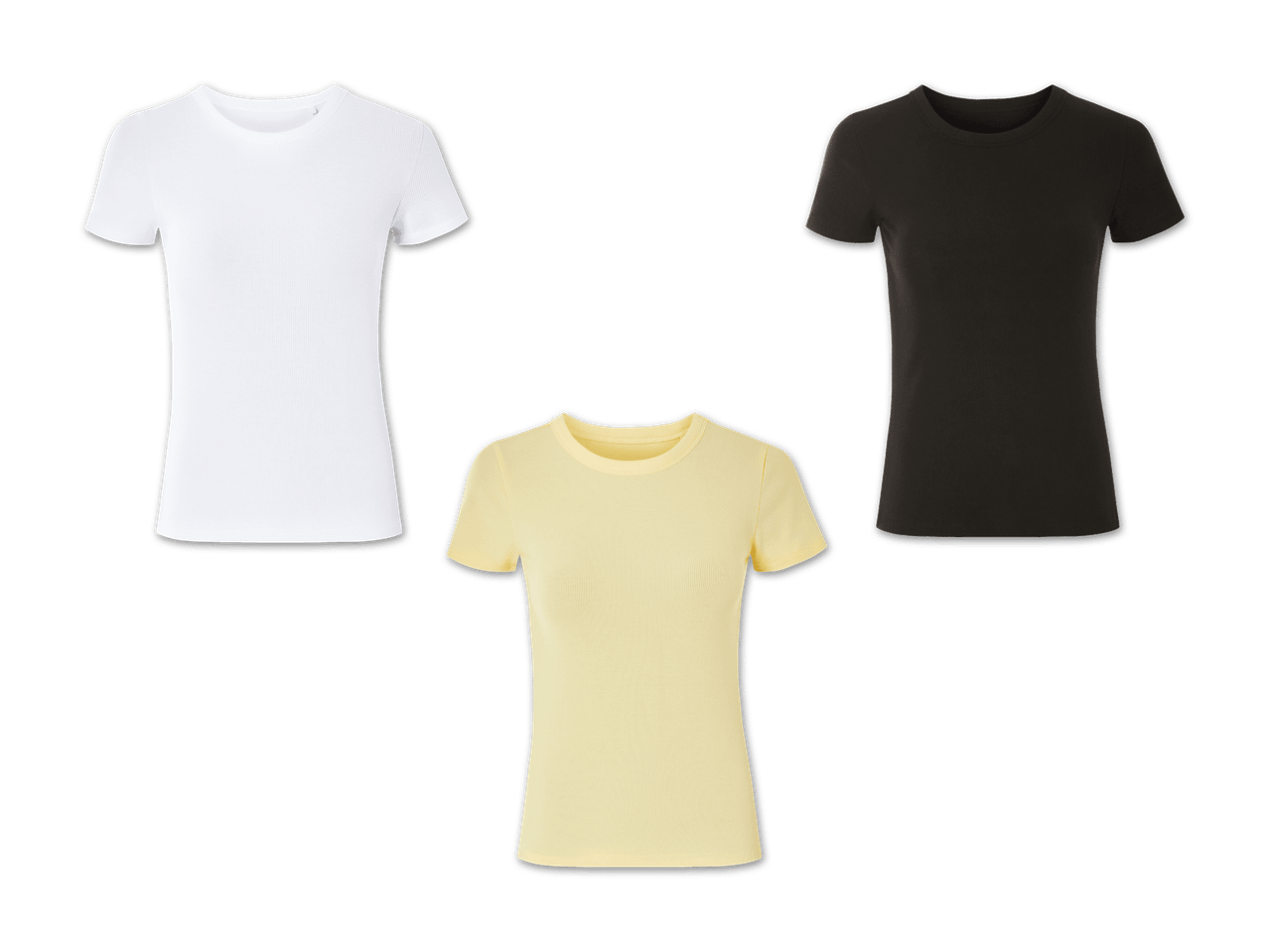 Drei Damen-T-Shirts in Weiß, Schwarz und Beige.