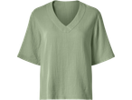 Zöld, rövid ujjú, V-nyakú női blúz ráncolt anyagból