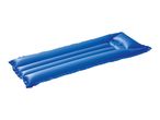 Blue inflatable air mattress with a built-in pillow, angled on a white background.