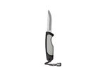 A Crivit brand knife with a gray and black handle and a lanyard.