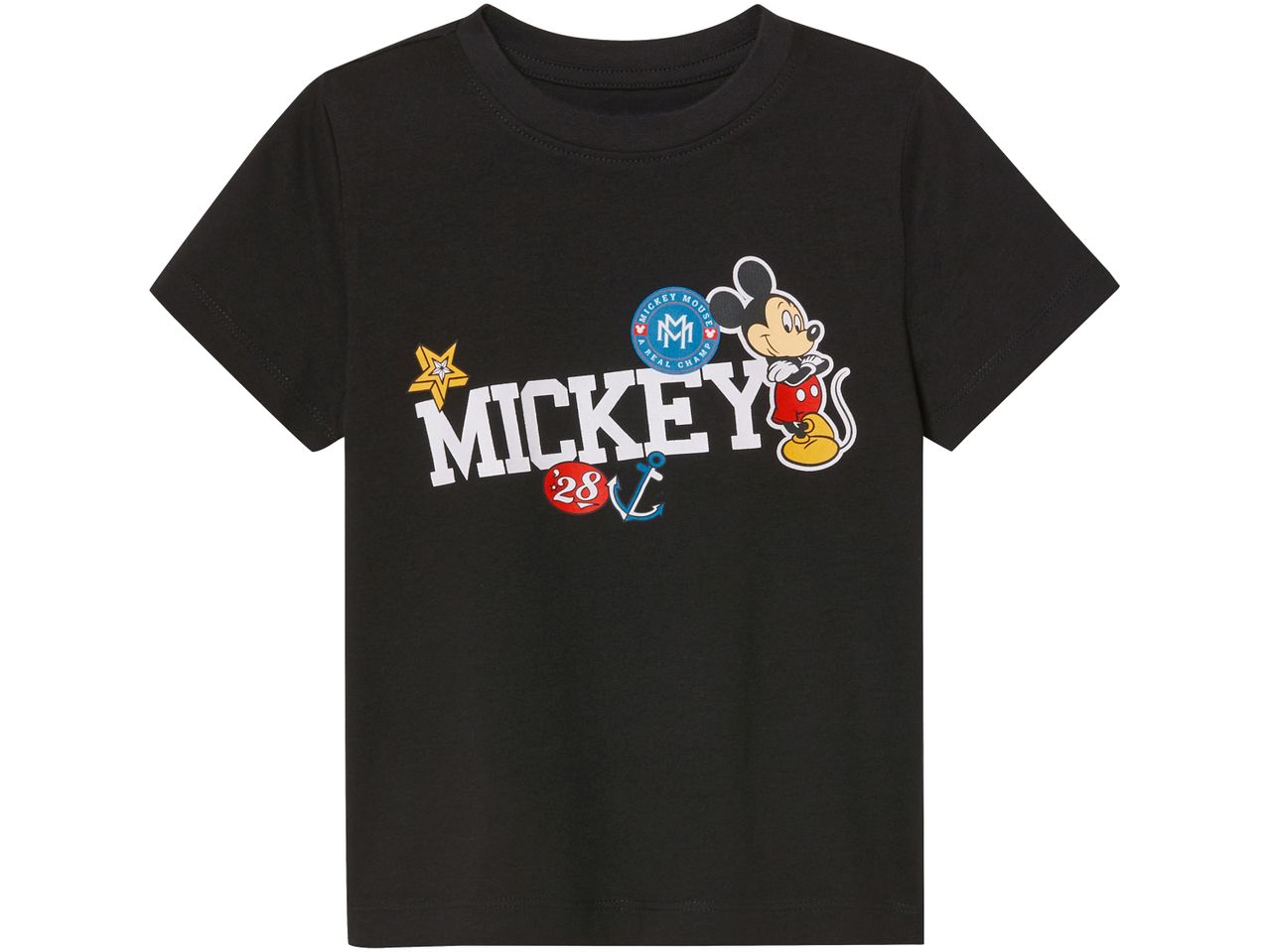 Maglietta nera con stampa di Topolino e scritta 'Mickey'.