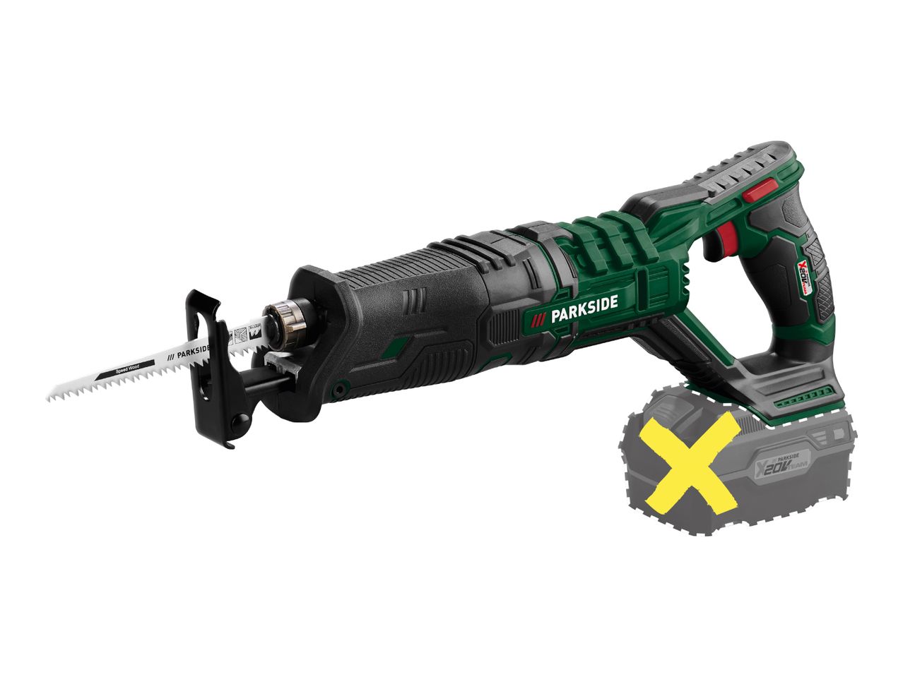 Cordless reciprocating saw with a wood-cutting blade, powered by a 20V battery.