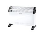 Fehér színű, hordozható konvekciós fűtőtest fekete lábakkal és fogantyúkkal.