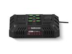 Black dual battery charger with green and red indicator lights and a charging time table.