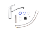 Chrome faucet with installation parts and flexible hoses.