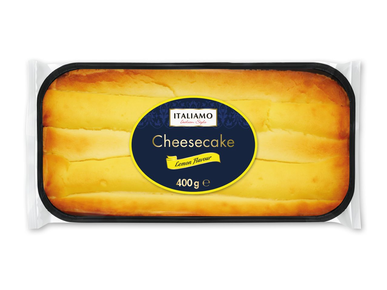 Cheesecake med citronsmag i en sort bakke, 400g.