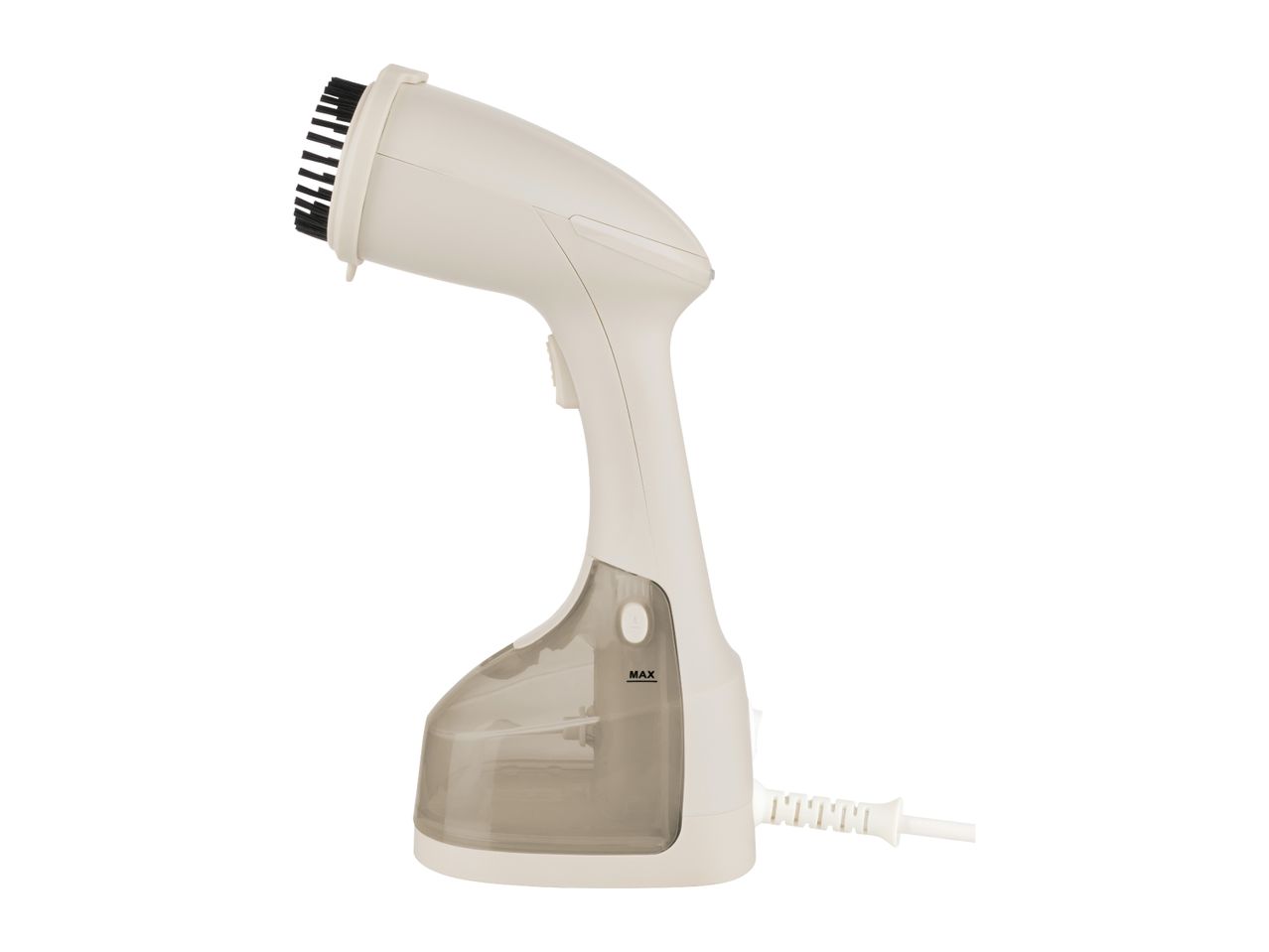 A light-colored handheld garment steamer with a brush attachment and a visible water tank.