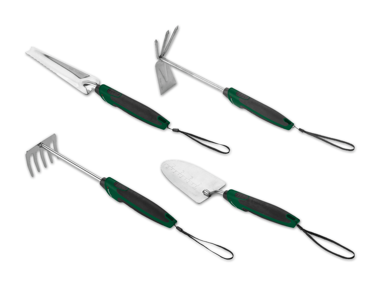 Vier Gartenwerkzeuge: eine Pflanzkelle, eine Hacke, ein Grubber und eine Schaufel.