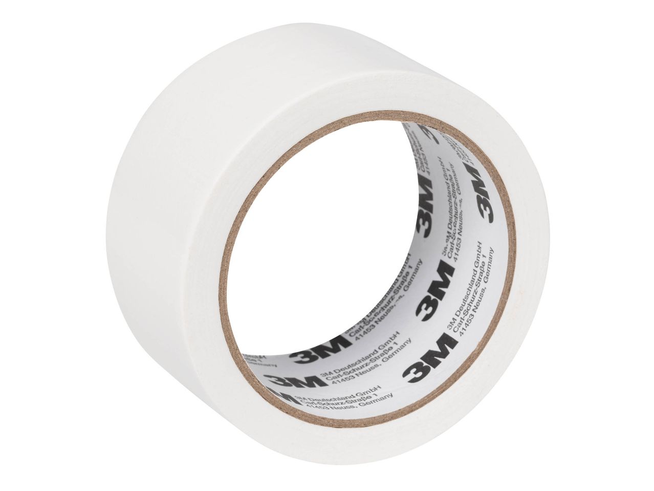A roll of white 3M masking tape with branding visible on the inner core.