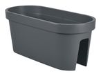 Dark grey oval balcony planter with a cut-out for railing attachment.