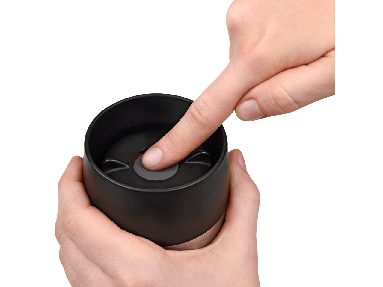 Hands pressing the button on a black Tefal® thermal mug.