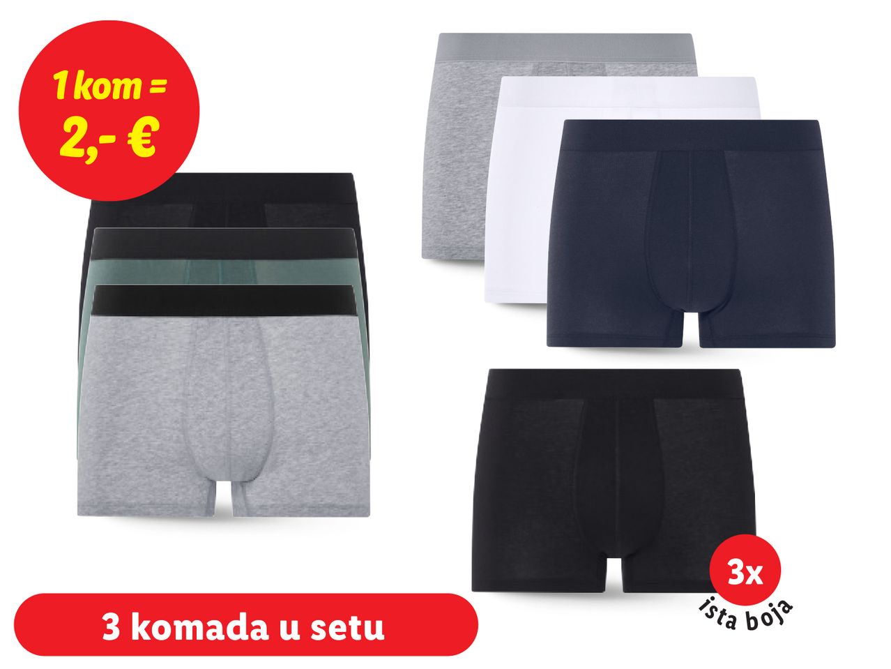 Set od 3 para muških bokserica u tamnosivoj, bijeloj i crnoj boji.