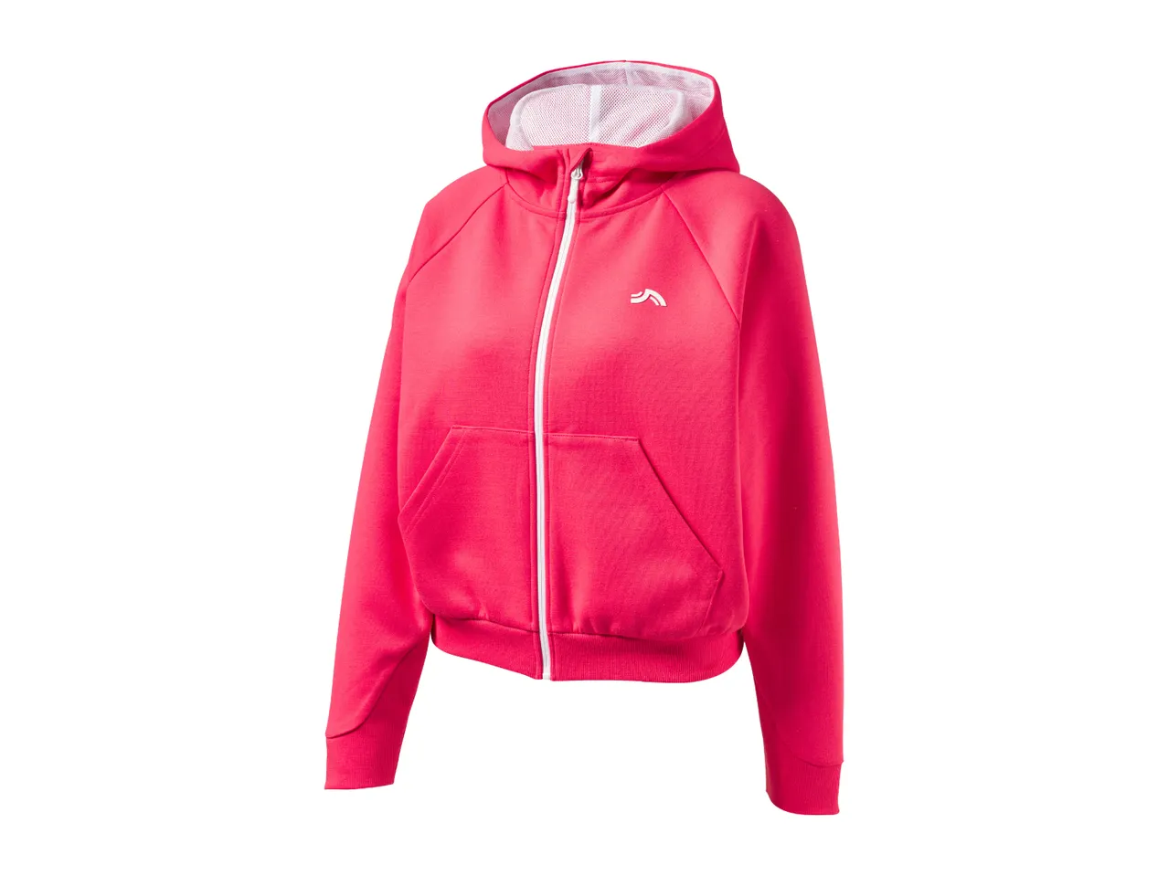 Pink full-zip hoodie with a white logo on the chest and a white mesh-lined hood.