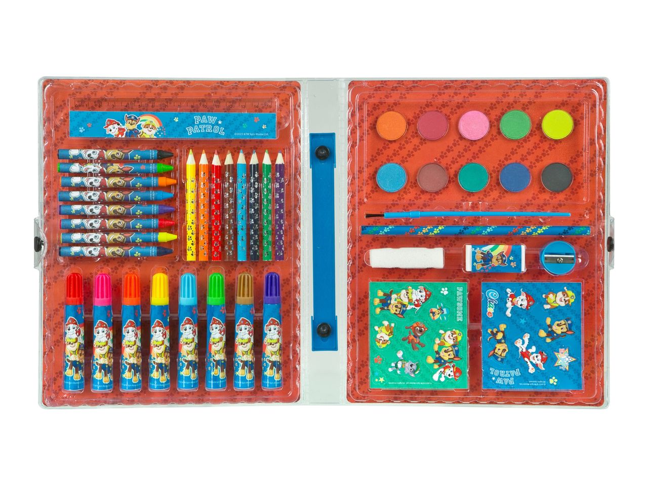 A colorful art set with crayons, markers, paints, and stencils in a carrying case.
