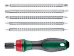 Screwdriver set with interchangeable bits, including flathead, hex, Phillips, and Torx.