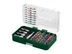 A set of screwdriver bits and nut setters in a green and clear plastic case.