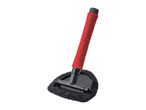 Car window cleaner with a red handle and black microfiber head