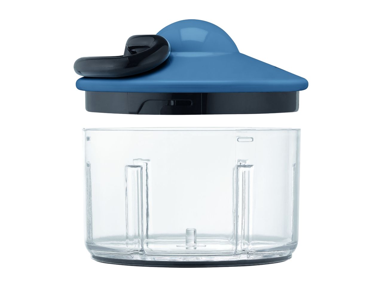 Manual food chopper with a blue lid and clear container