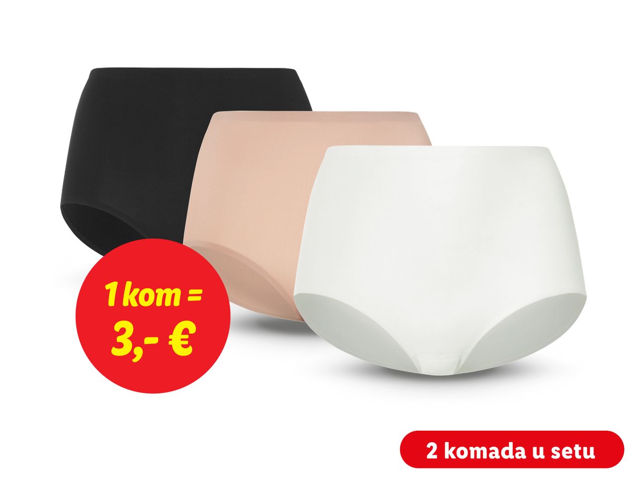 Tri para ženskih gaćica u tri boje: crna, bež i bijela. Cijena: 3€ po komadu, 6€ za set.