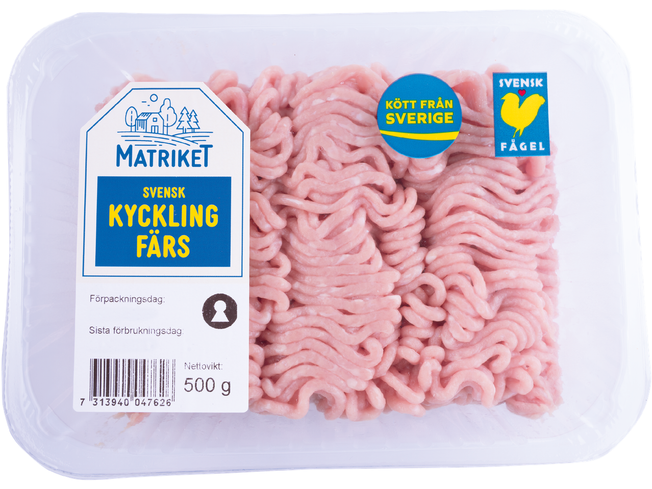 Förpackning med svensk kycklingfärs från Matriket, 500 g.