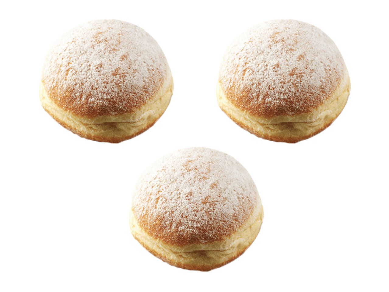 Three powdered sugar doughnuts on a white background.