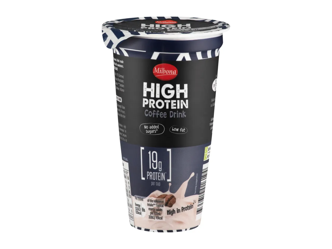 High protein coffee drink with 19g protein per cup, no added sugars, and low fat.