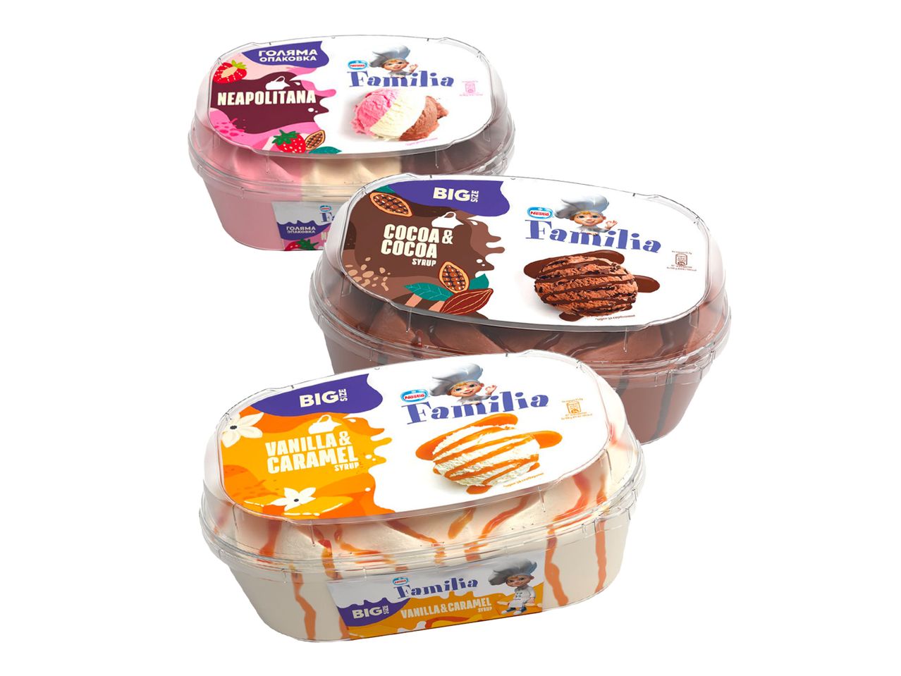 Tri pakovanja Familia sladoleda: neapolitan, kakao i vanila-karamela.
