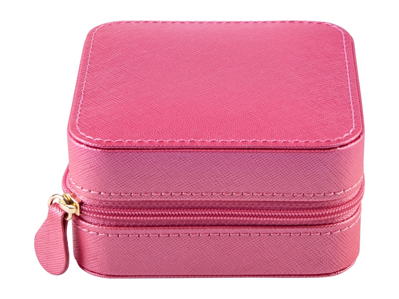 Pink square jewelry box with zipper.