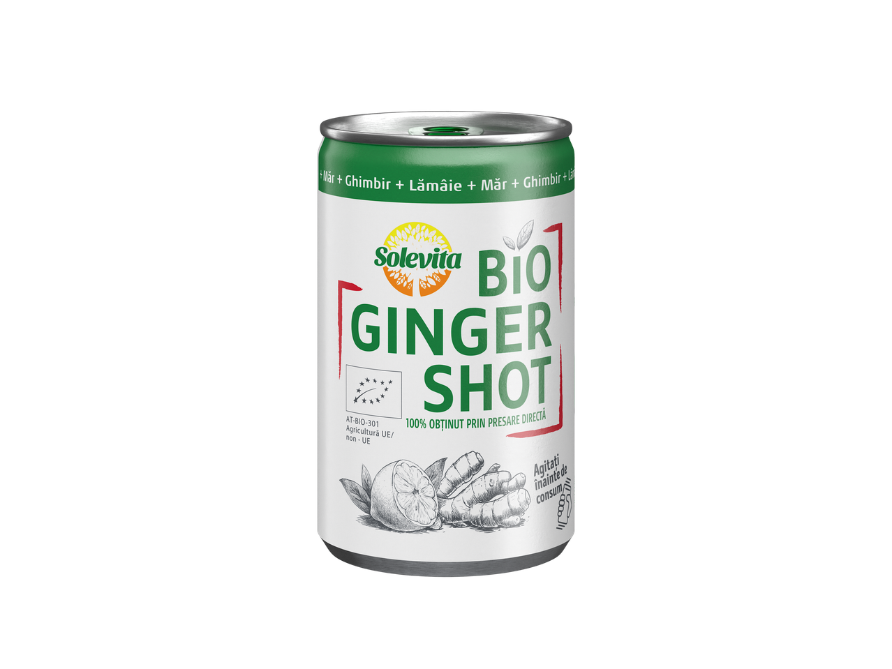Solevita Bio Ginger Shot: băutură cu ghimbir, lămâie și turmeric în cutie.