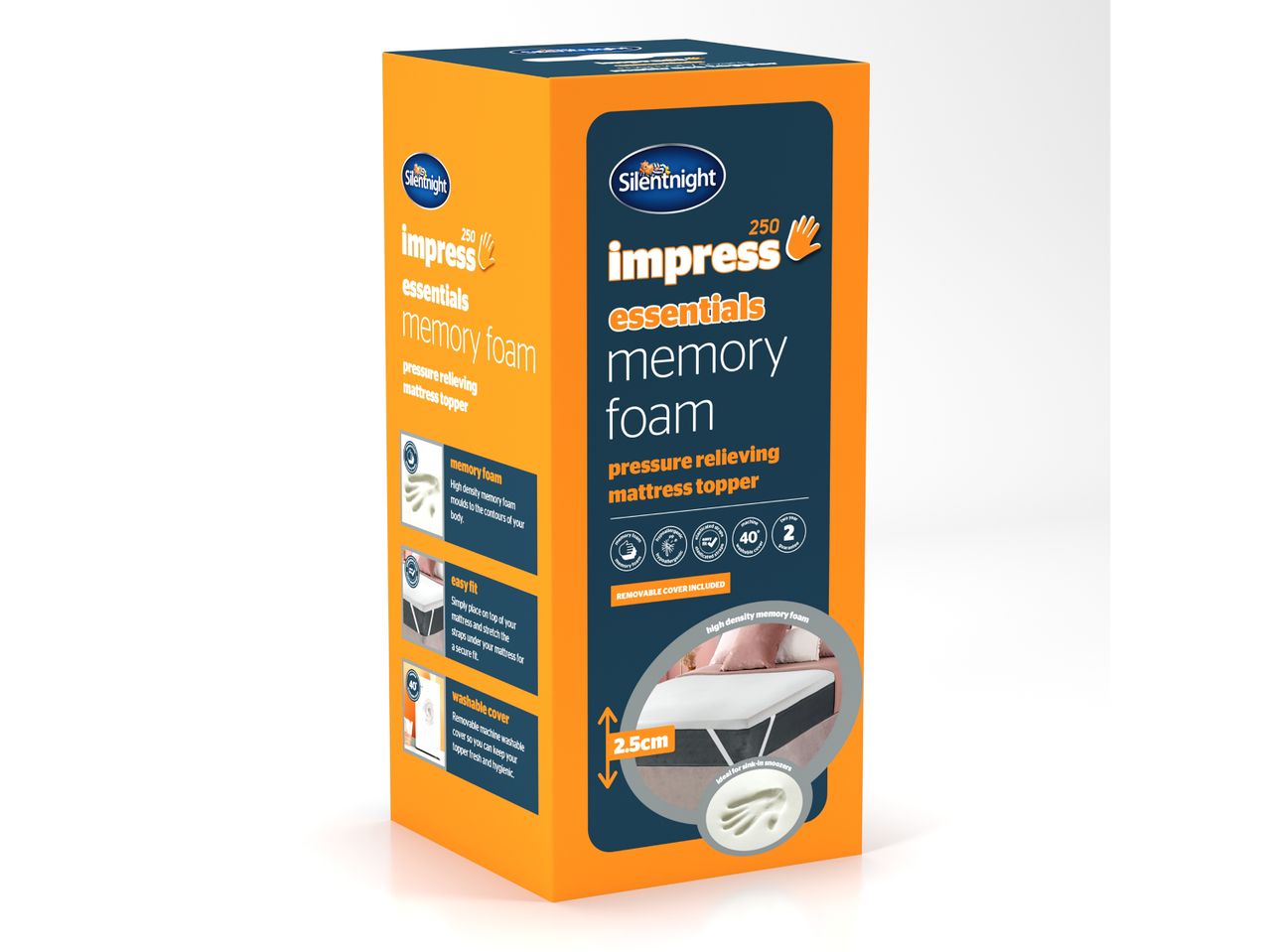 Silentnight Impress Essentials memory foam mattress topper in orange and blue packaging