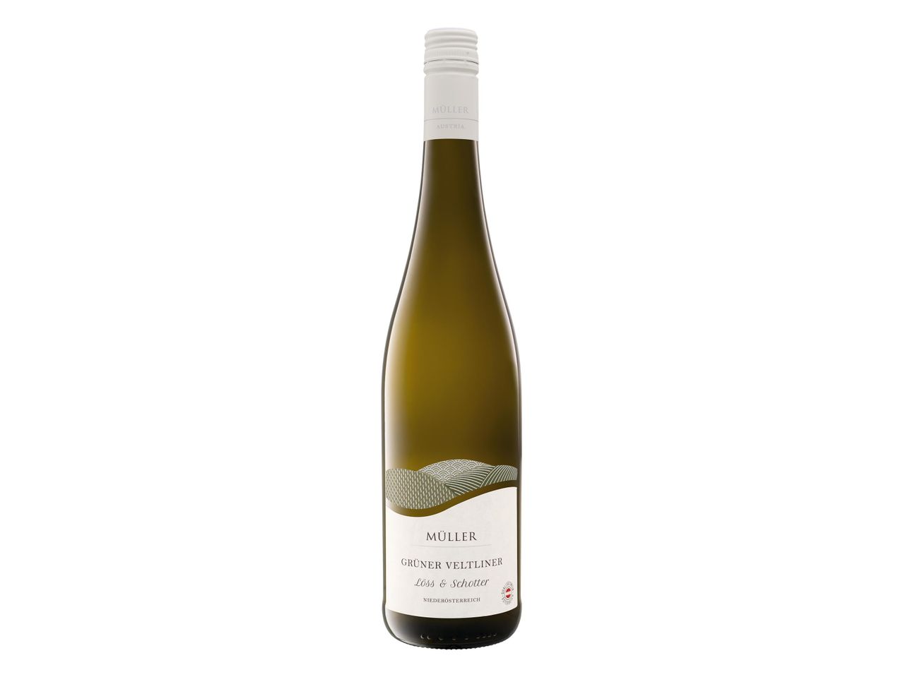 Müller Grüner Veltliner Löss & Schotter fehérbor, fehér címkével és csavaros kupakkal.