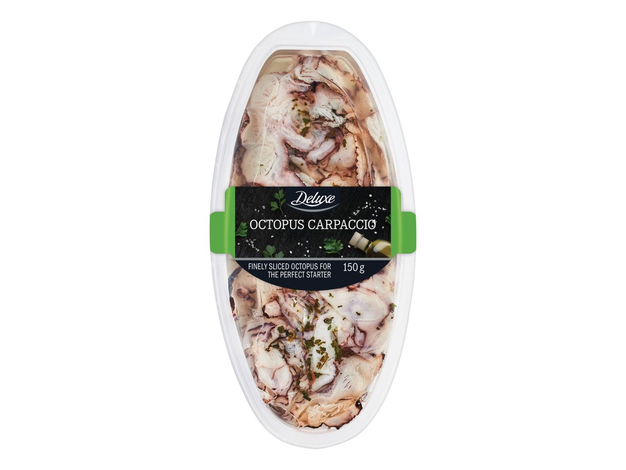Deluxe hobotnični carpaccio, 150 g, fino narezan hobotnica kot idealen predjed.