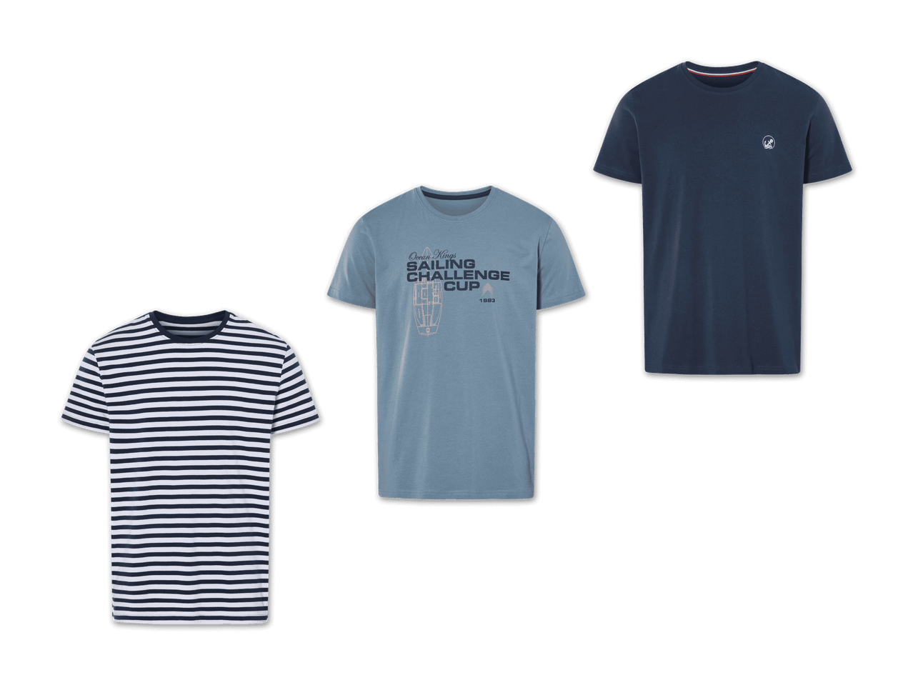 Drei Jungen-T-Shirts in Hellblau, Grau und Dunkelblau.